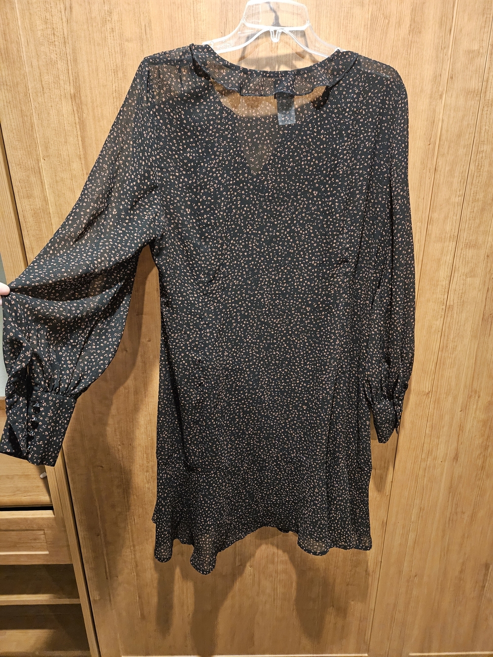 CAbi Black Dress with Pink Speckled Print and Waist Tie Button Down Sleeves - Picture 4 of 7